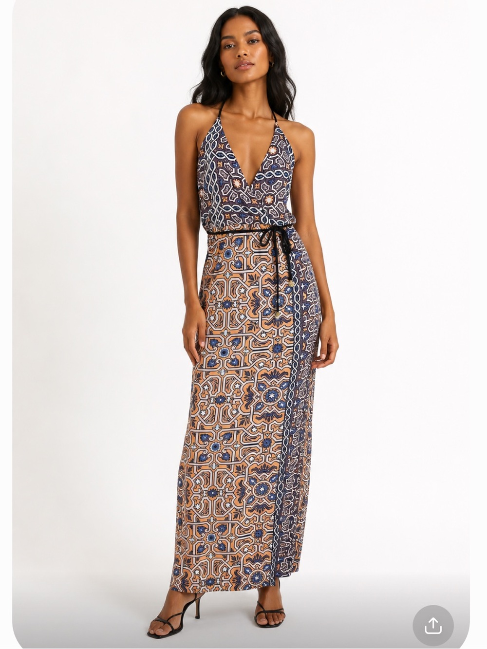 TIGERLILY V-Neck Printed Maxi Dress in Blue and Tan Size 2